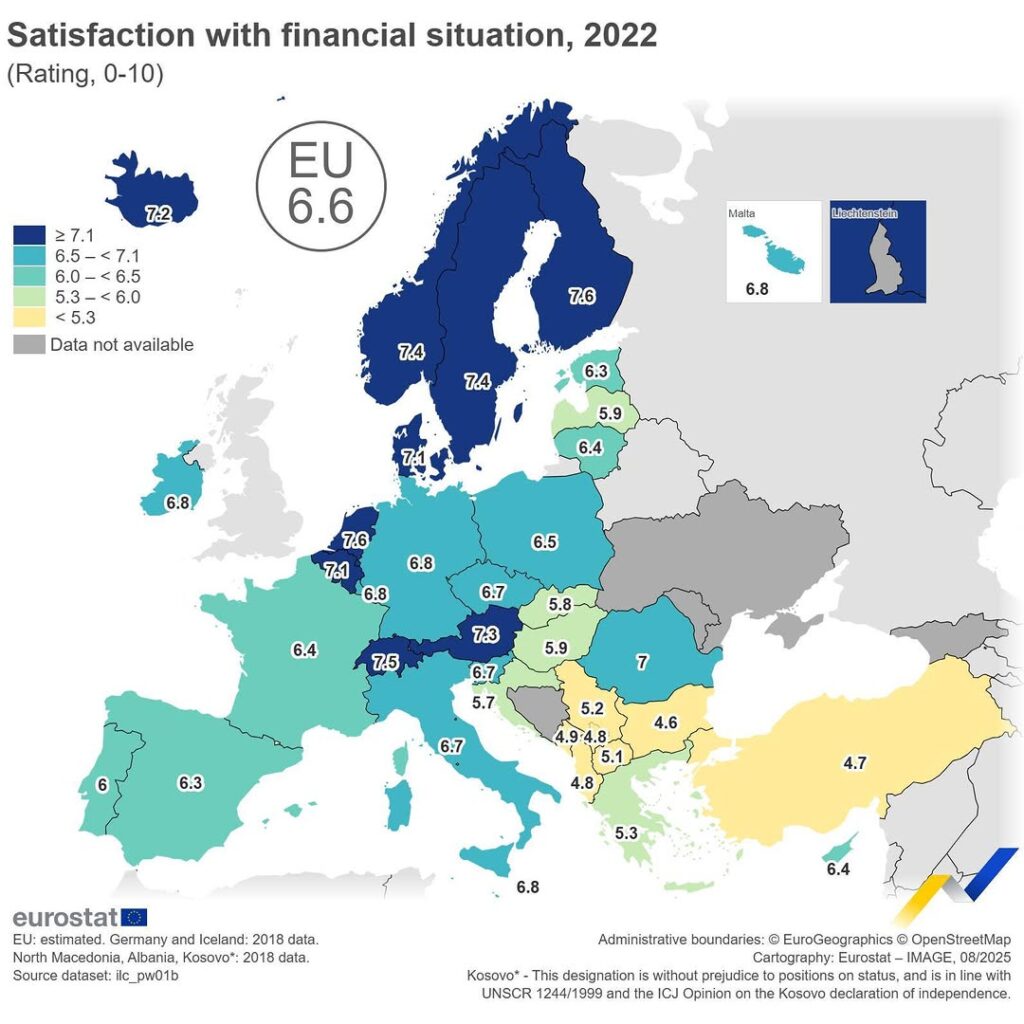 Eurostat map showing average self-rated satisfaction with personal finances by country (0–10 scale).