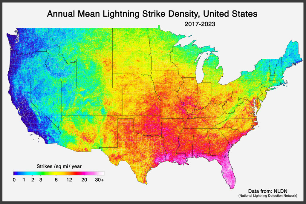 Annual mean lightning strike density in the United States