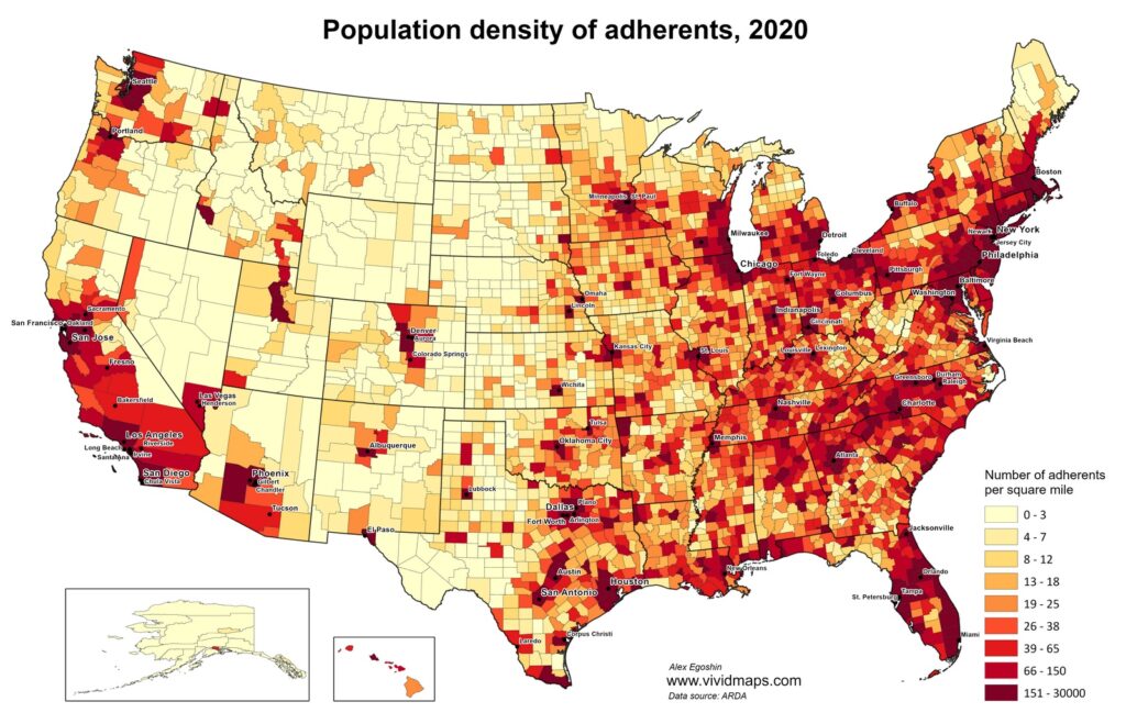 Population density of religious adherents by U.S. county 