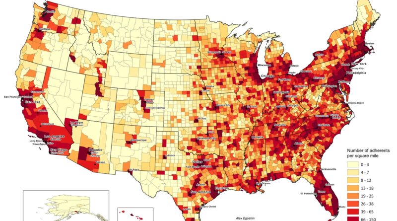 Mapped: Population density of religious adherents by U.S. county