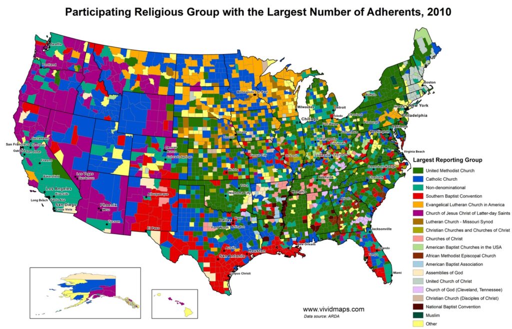 Second Largest Religion by U.S. County mapped