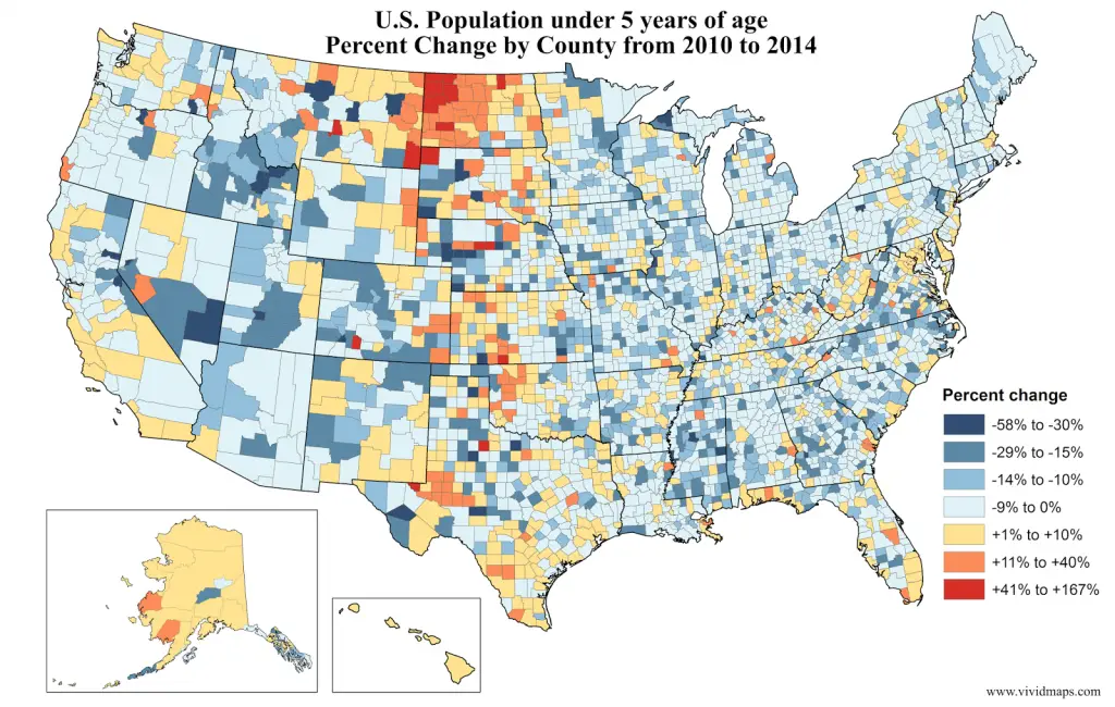 U.S. Population under 5 years of age percent change by county from 2010 ...