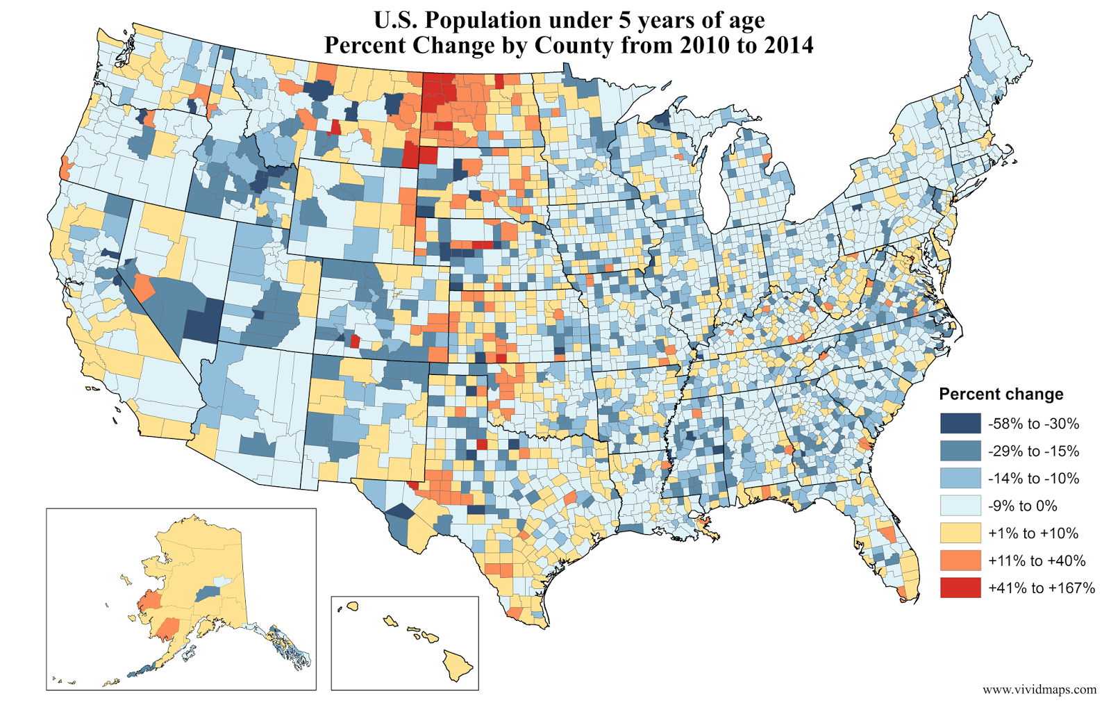 U.S. Population under 5 years of age percent change by county - Vivid Maps