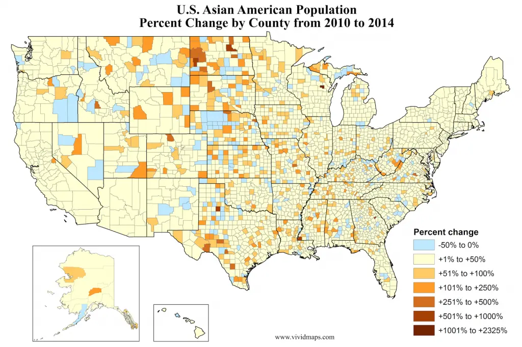 U.S. Asian American population, percent increase by county - Vivid Maps