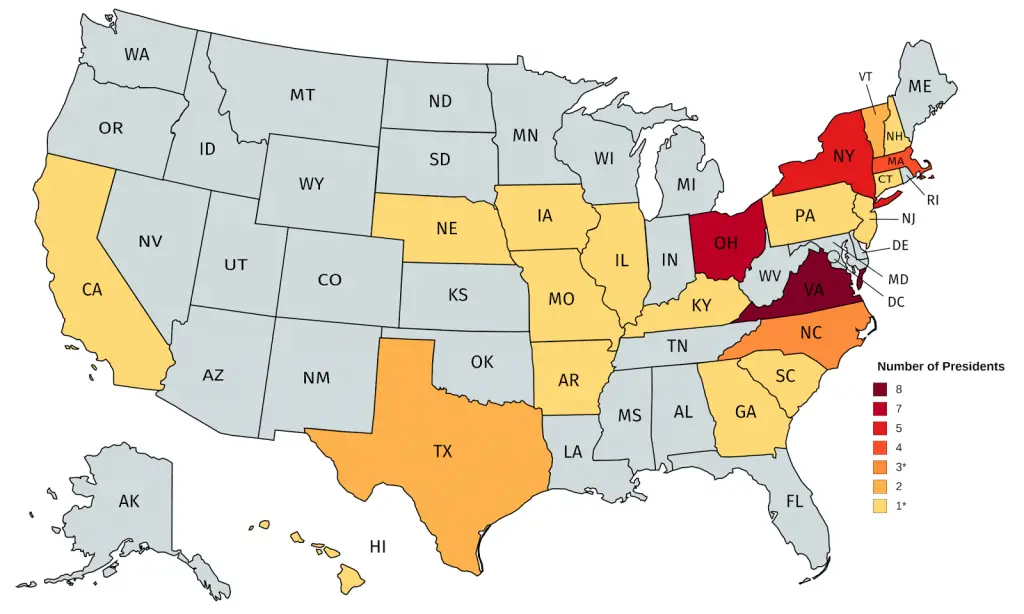 Distribution of American Presidents by the U.S. State of Birth - Vivid Maps