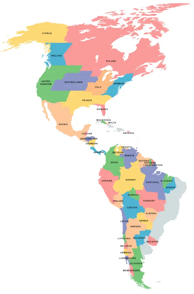 European countries overlaid on areas of the Americas with equal population