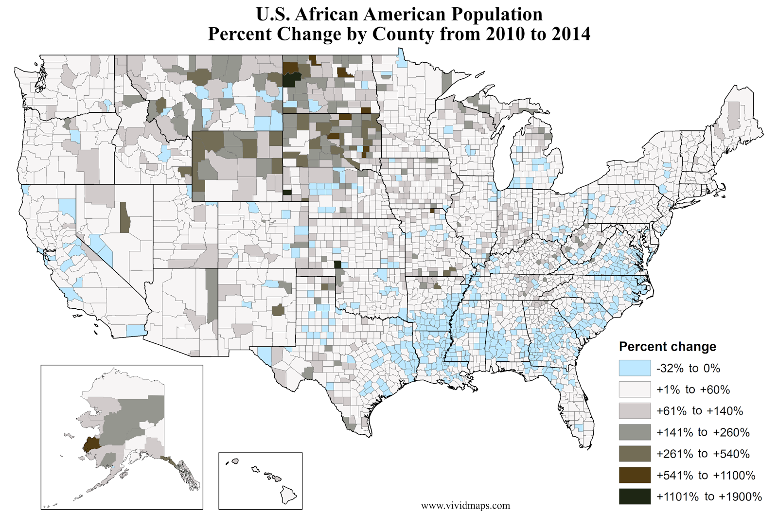 U.S. African American population, percent increase by county Vivid Maps