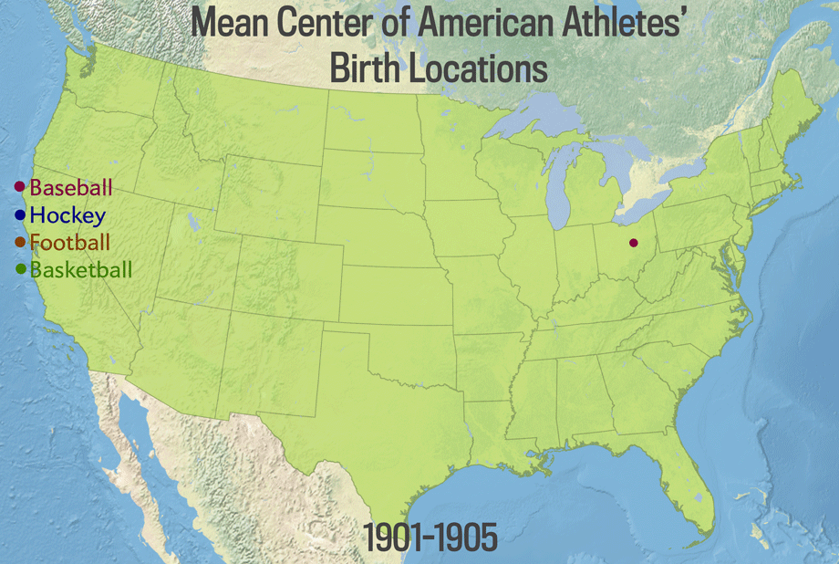 Mean center of American athletes birth locations (1900 – 2014)