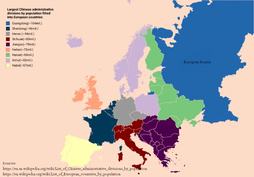 Larges Chinese administrative divisions by population fitted into European countries