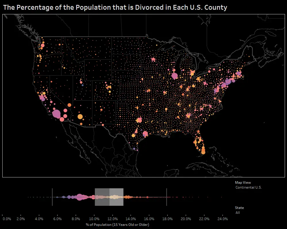 The Percentage of the Population that is Divorced in Each US County