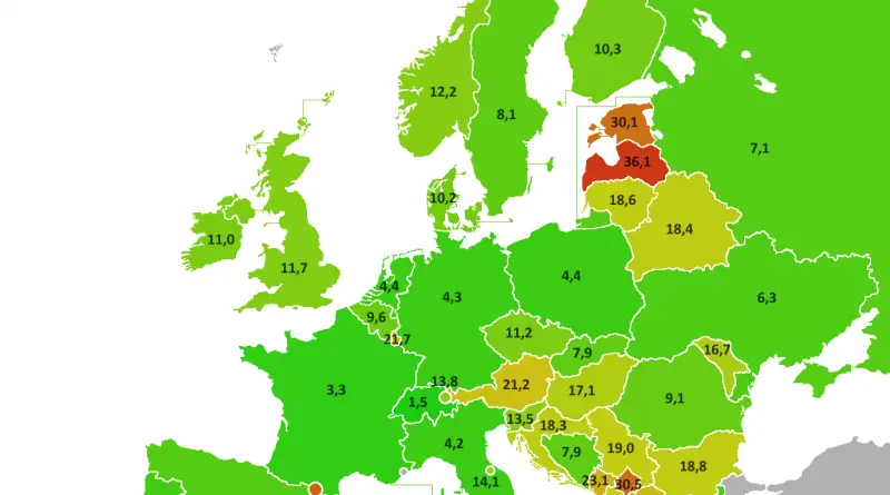 Percentage of inhabitants of European countries living in the capital mapped