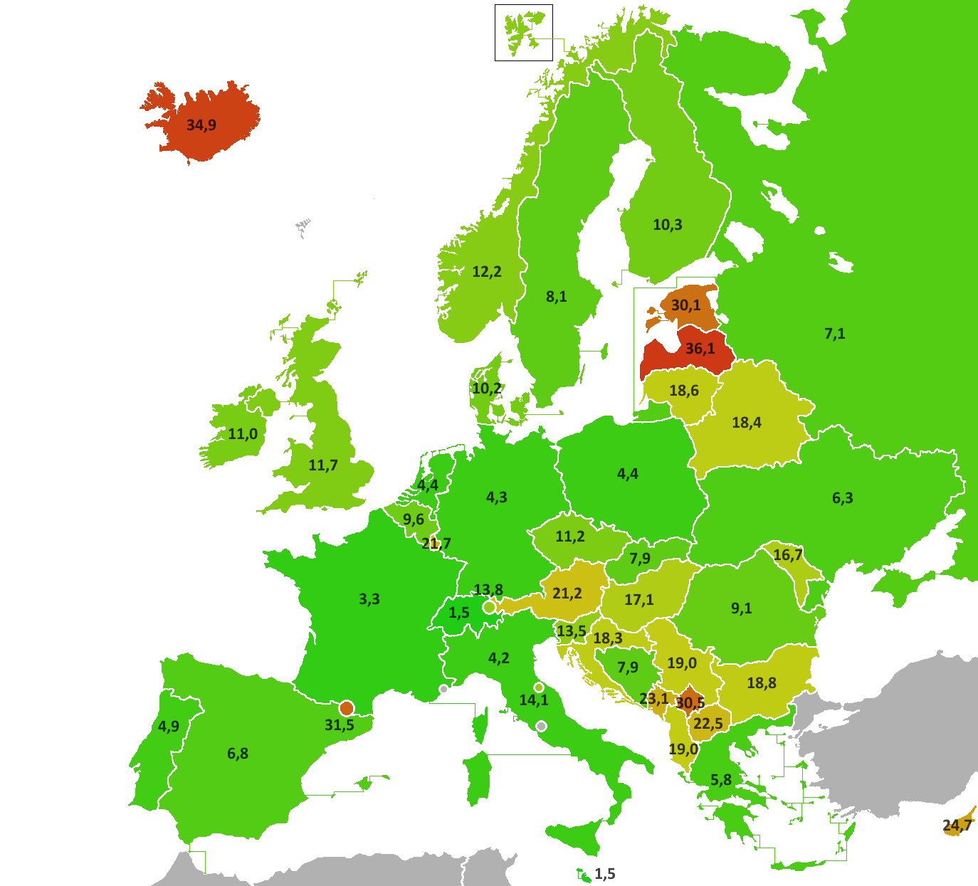 Percentage of inhabitants of European countries living in the capital