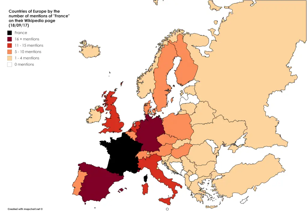 Countries of Europe by the number of mentions of "France" on their Wikipedia page