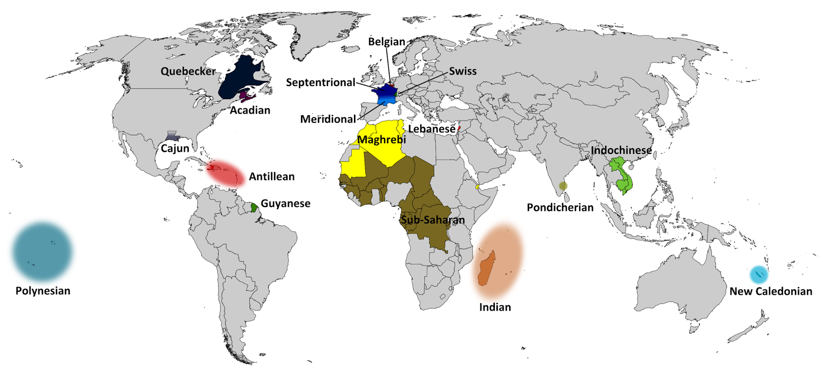 World Map In French Language Maps Of Dialects Of French Language Around The World - Vivid Maps