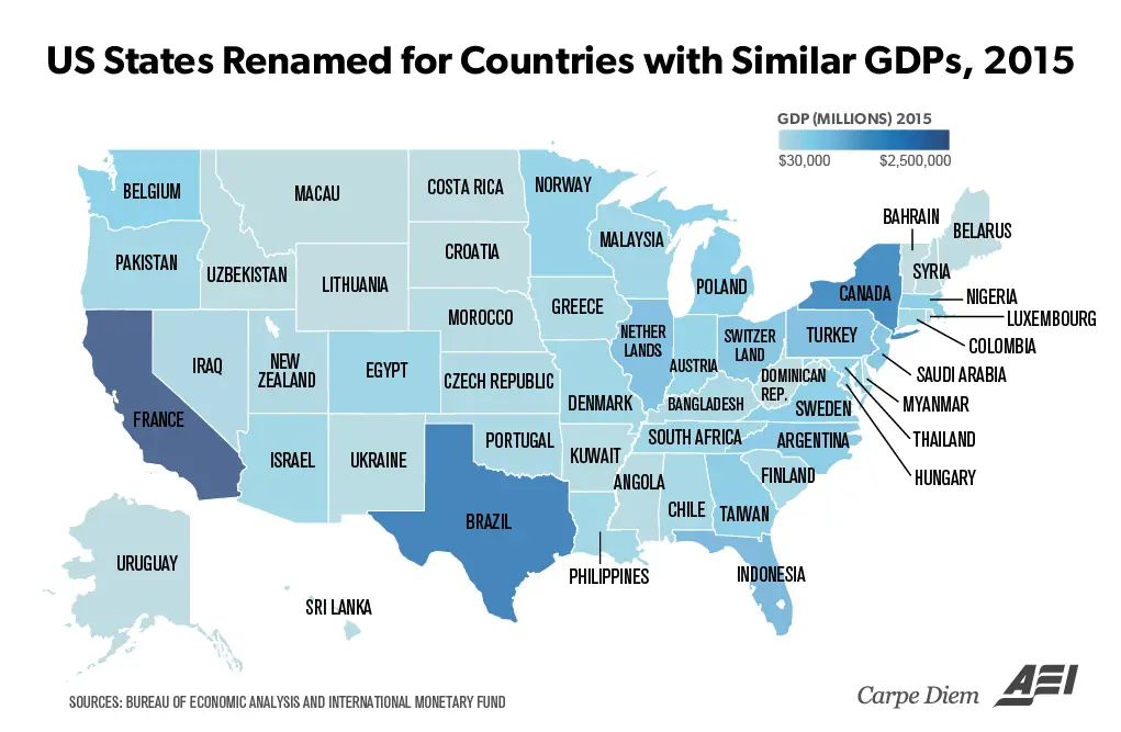 U.S. State Borders Redrawn & Renamed For Countries With Similar GDPs ...