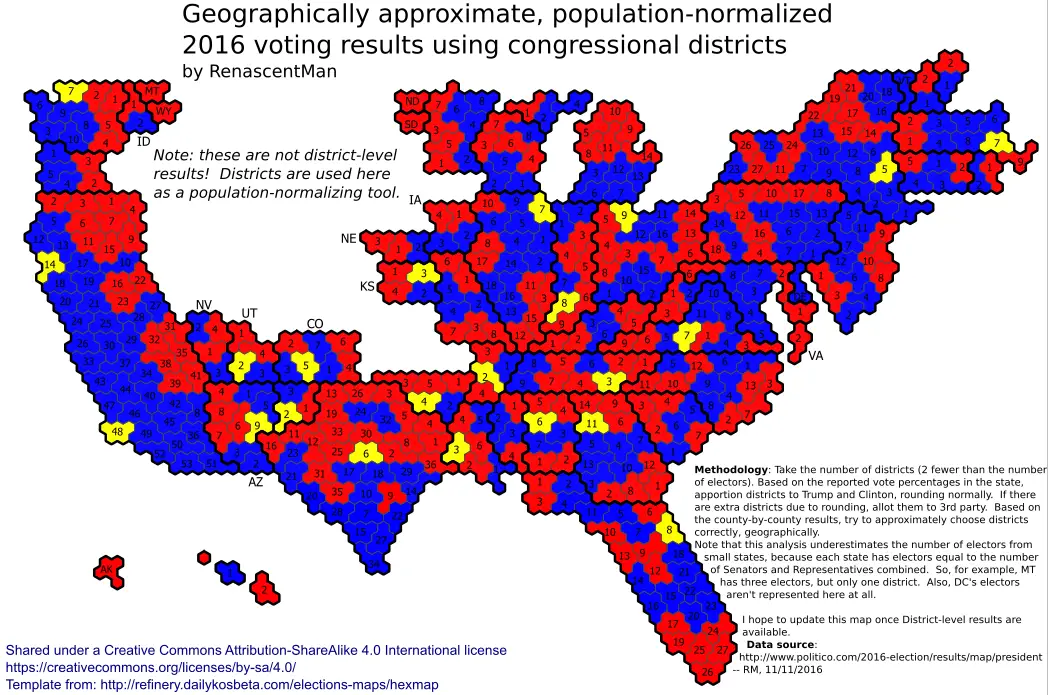 Geographically approximate, population-normalized 2016 voting results using congressional districts