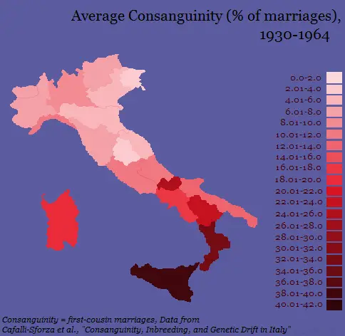 First Cousin Marriages in Italy, by percentage (1930 – 1964)