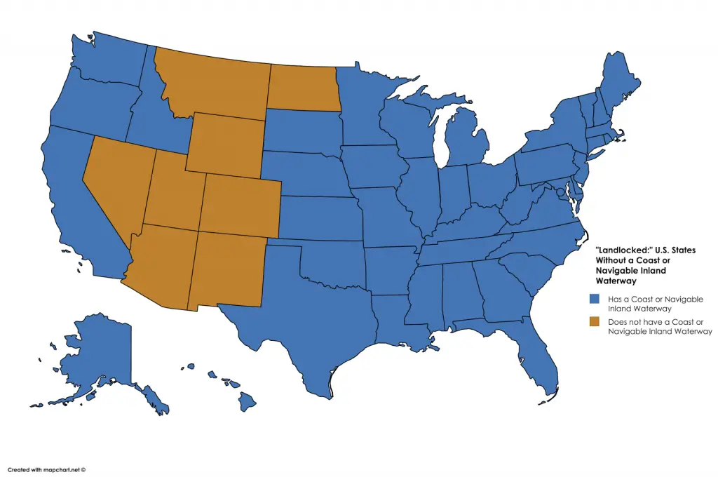 U.S. States without a coast or navigable inland waterway