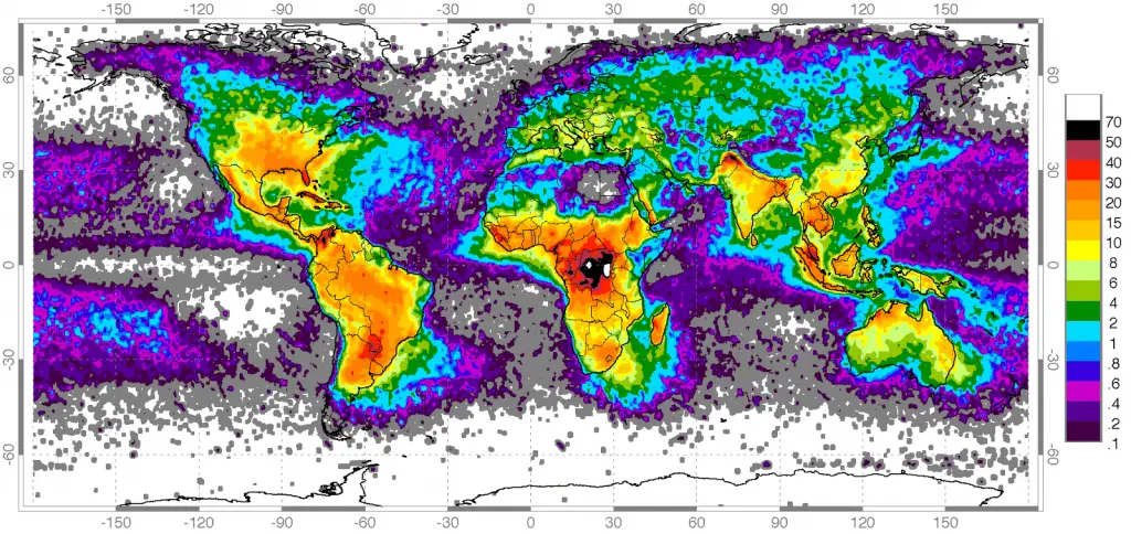 Global frequency of Lighting strikes