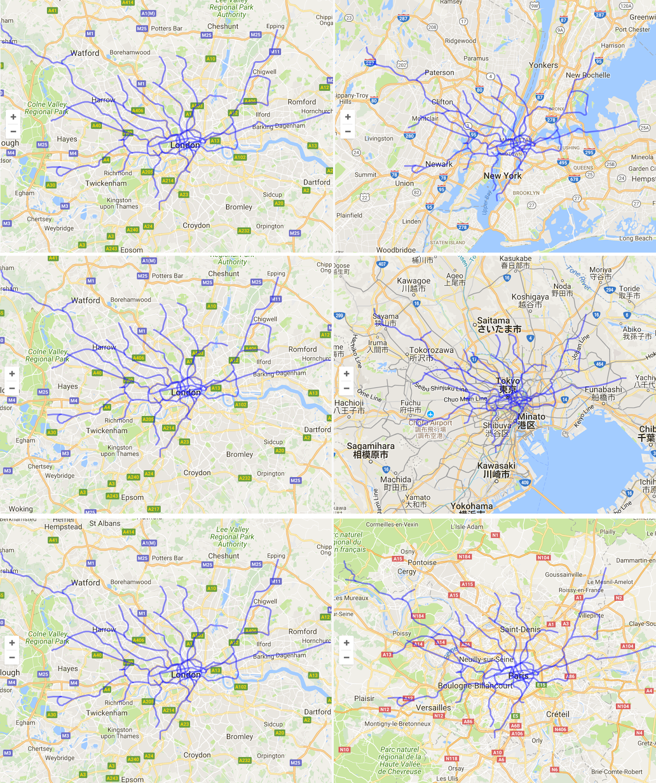 London Underground overlaid on New York City, Tokyo & Paris