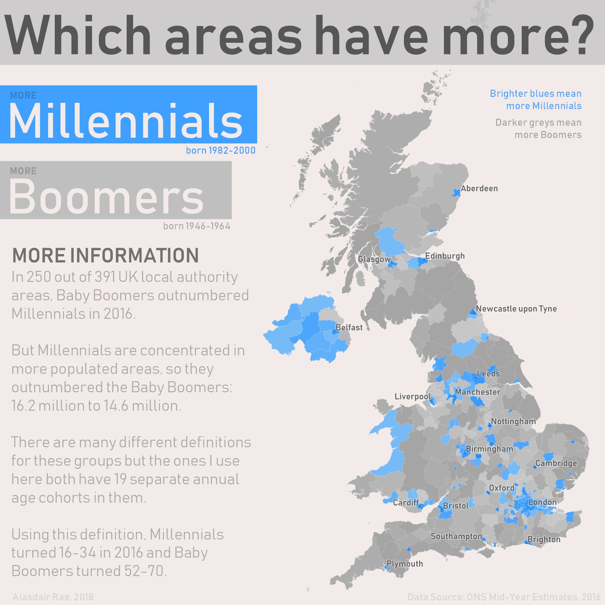 Which areas of the UK have more boomers?