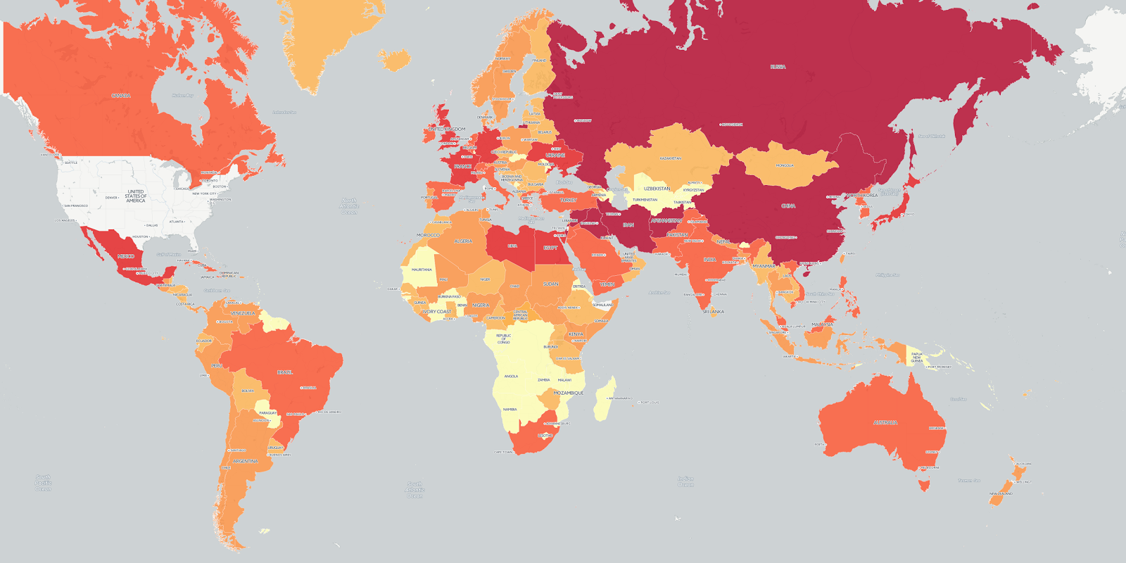 A choropleth map visualizing the total number of times each country in the world has been mentioned on American television news shows monitored by the Internet Archive over the last 6 years.