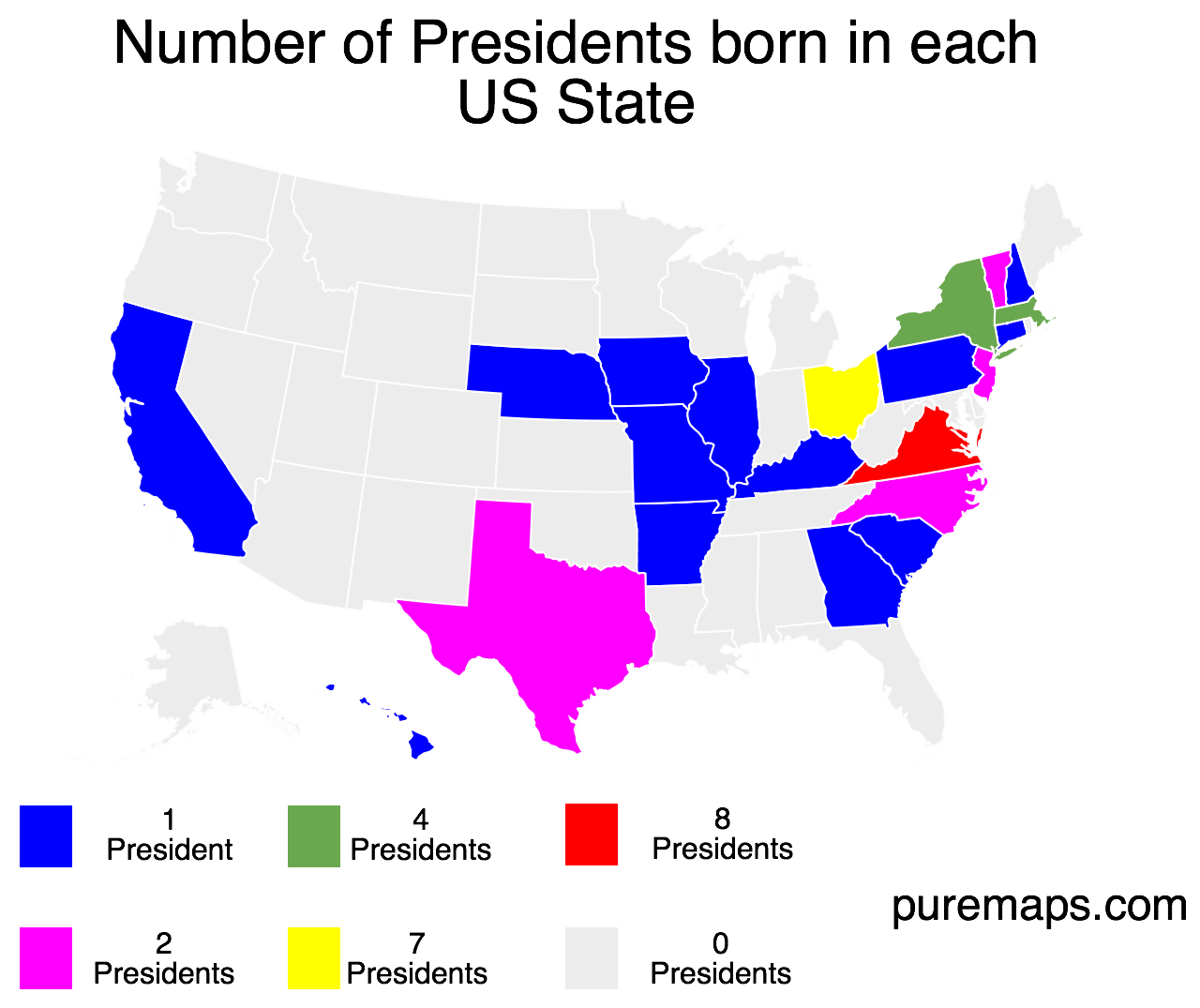 Number Of Presidents Born In Each Us State Vivid Maps 5136