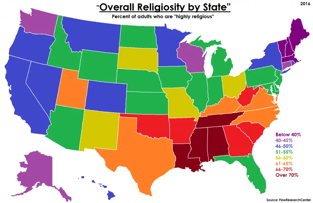 Overall religiosity by U.S. State