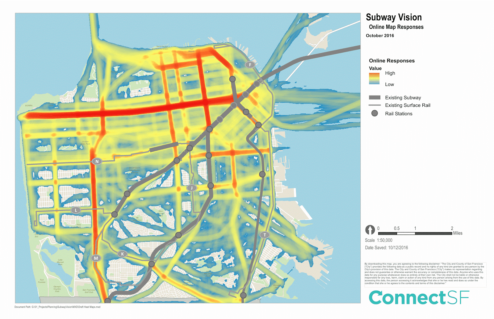 Heat map of 2,600 online responses from an online tool asking people to draw where they think new subway lines should be built in San Francisco