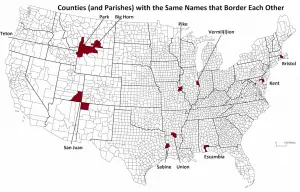 US Counties and parishes with the same names that border each other ...