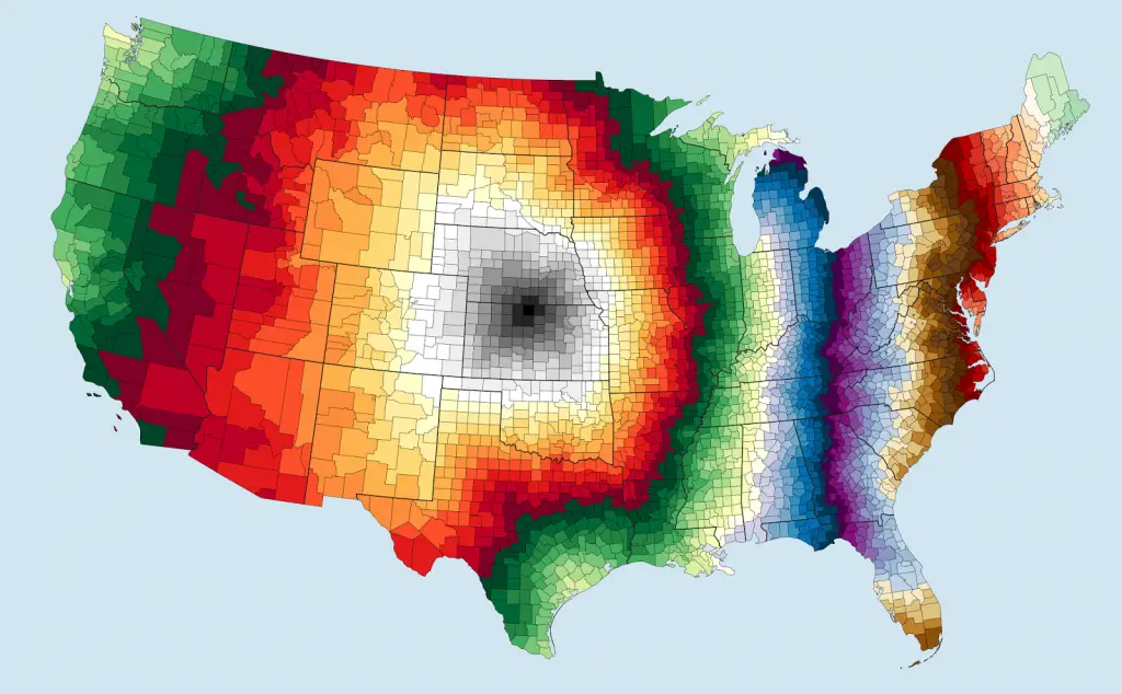 U.S. Counties Away From the Geographic Center of the Lower 48