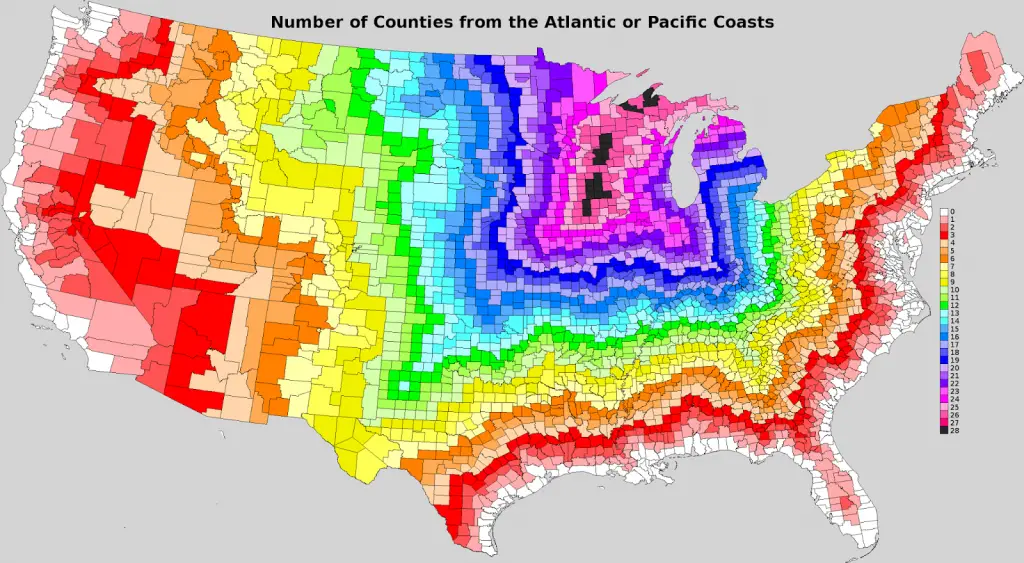 Number of counties from the Atlantic or Pacific coasts