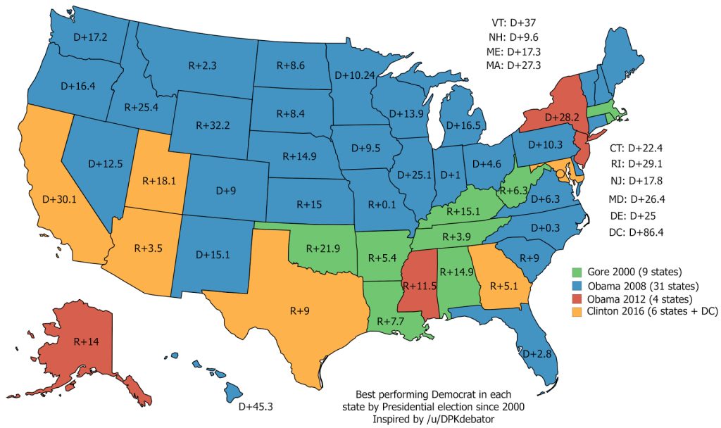 Best performing Democrat in each U.S. state by Presidential election since 2000