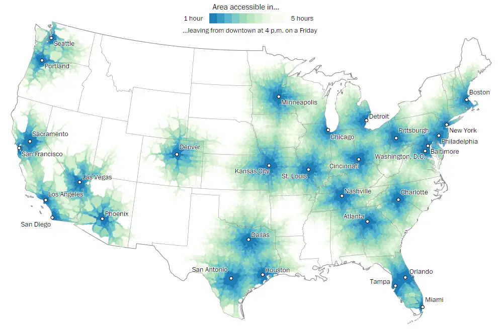 How far you can drive out of the city in one hour