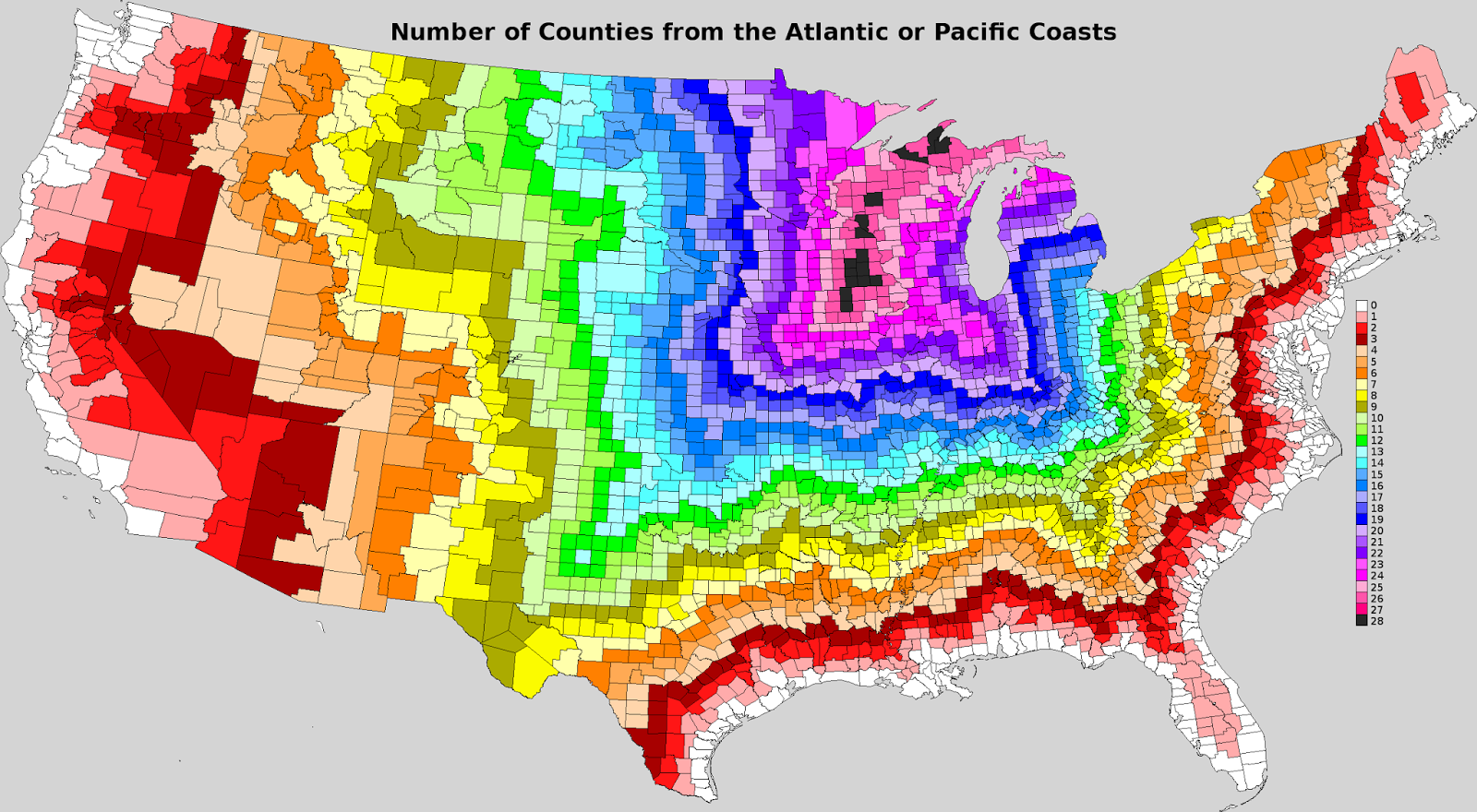 Number of counties from the Atlantic or Pacific coasts