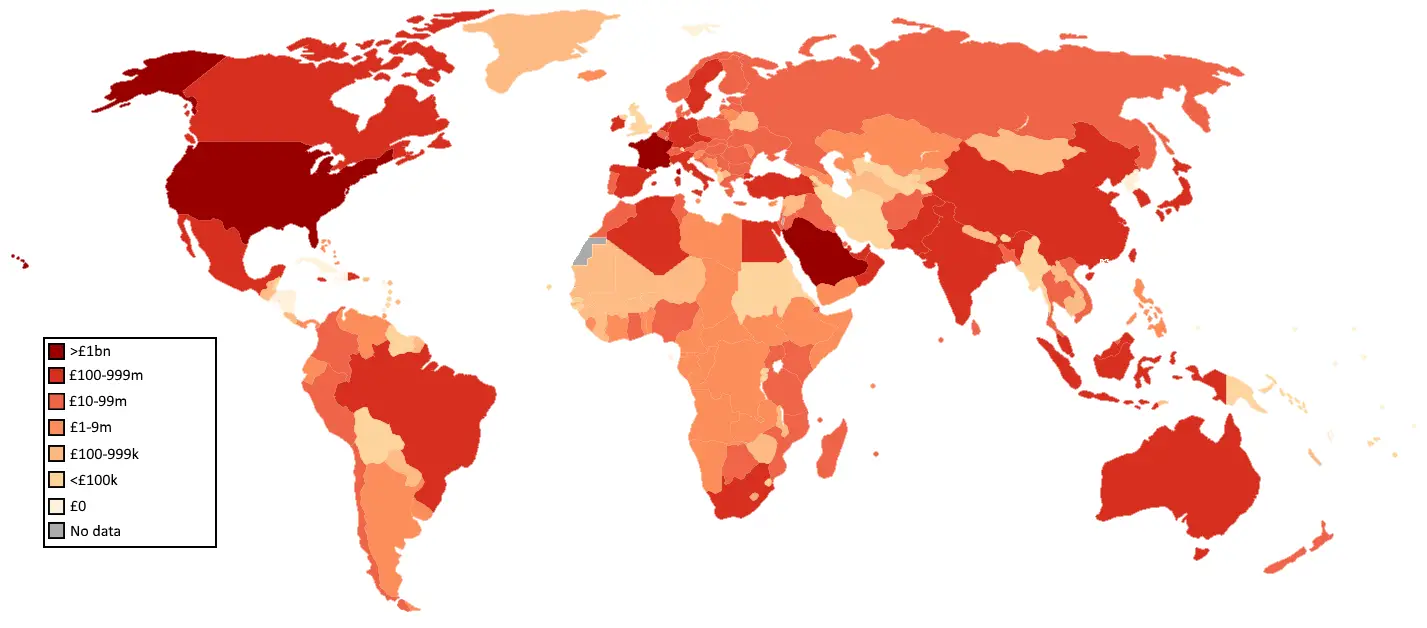 Value of UK arms exports to each country since 2011 - Vivid Maps