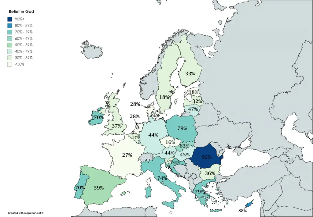 Belief in God in the EU & US - Vivid Maps