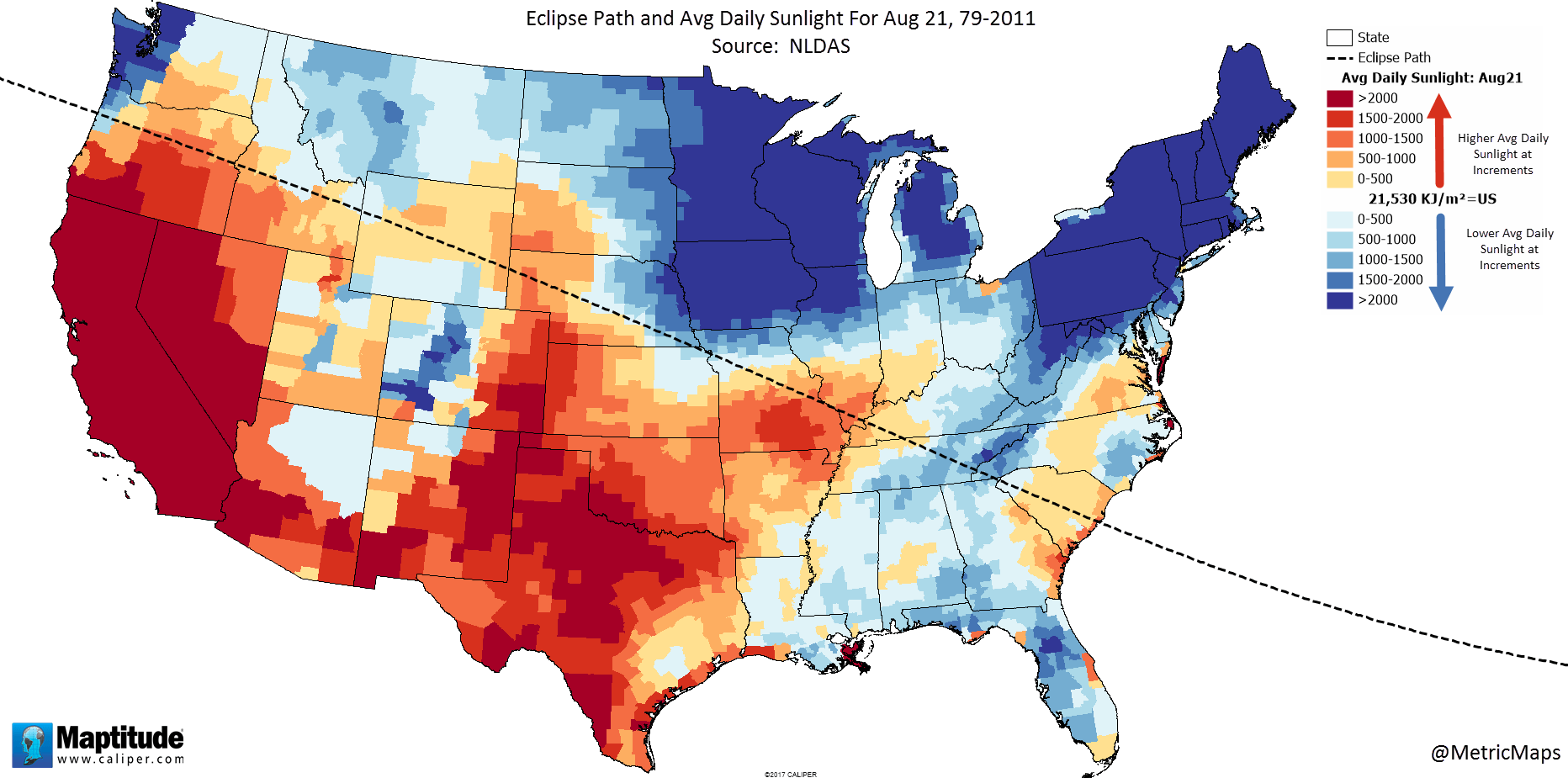 Eclipse path and average daily sunlight