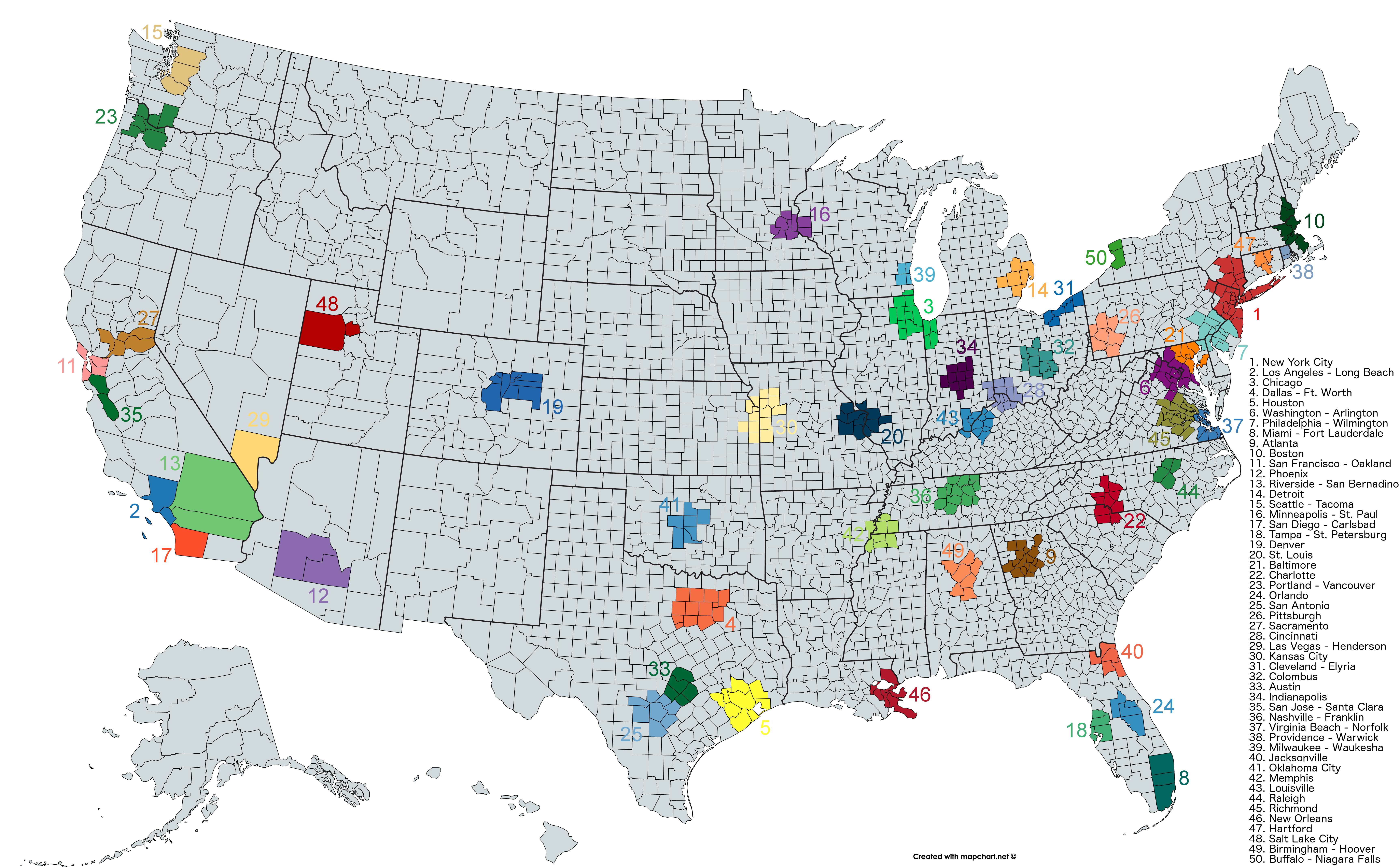 Map Of America s 50 Largest Metropolitan Areas By Populations Vivid Maps