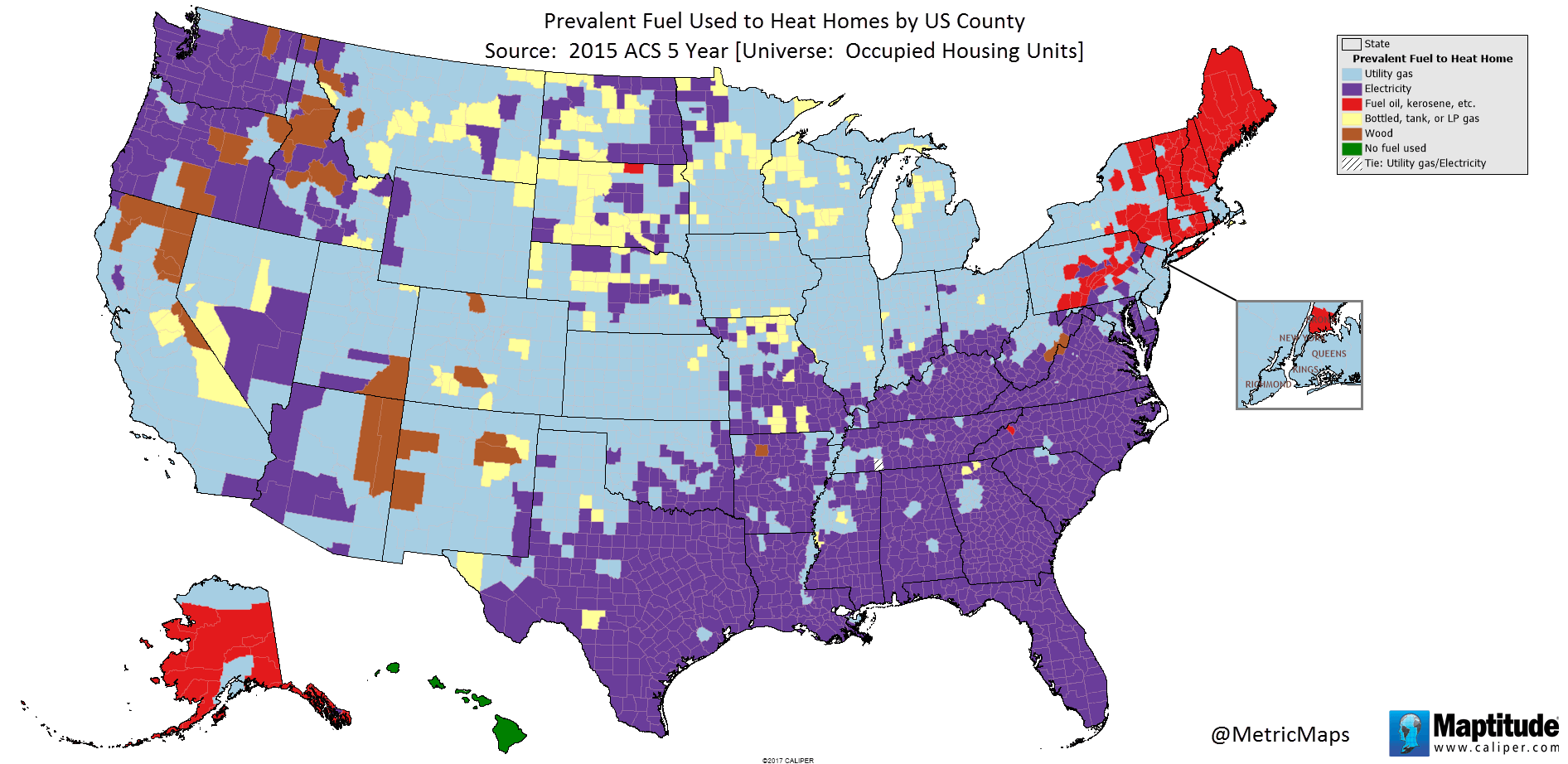 Prevalent fuel used to heat homes by U.S. county - Vivid Maps