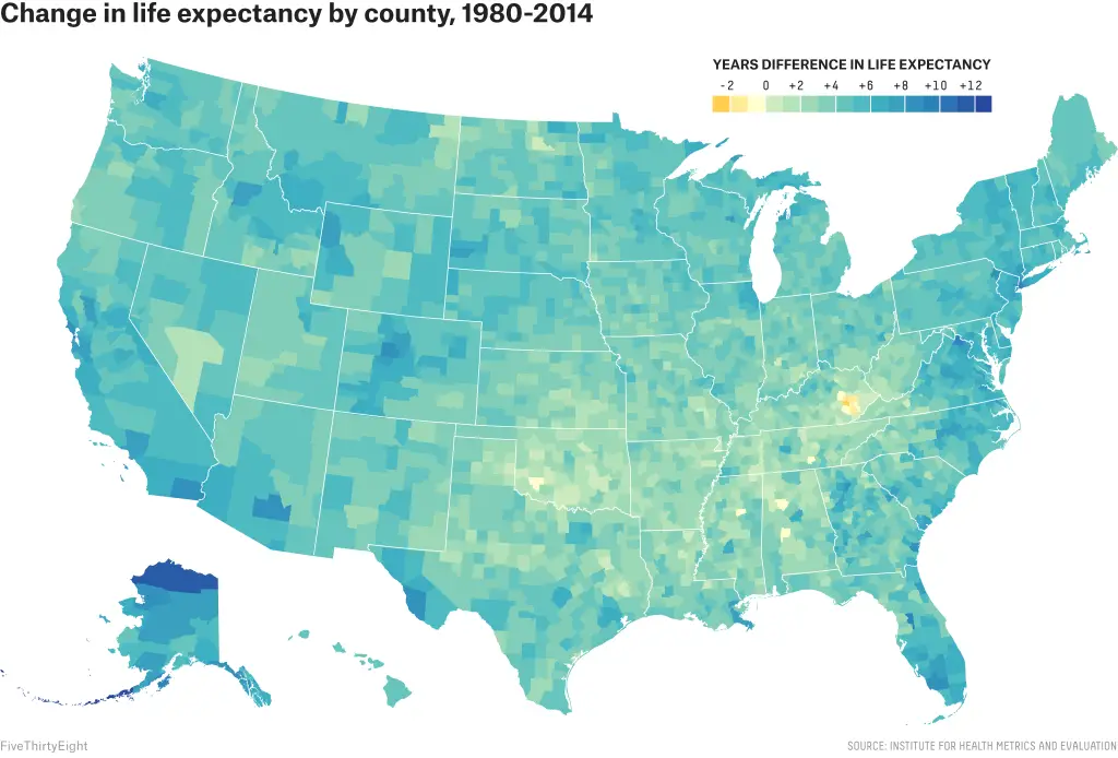 Change in life expectancy by U.S. county (1980-2014) - Vivid Maps