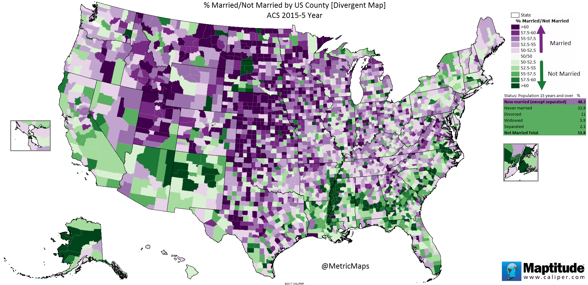 % Married / Not Married by U.S. County - Vivid Maps