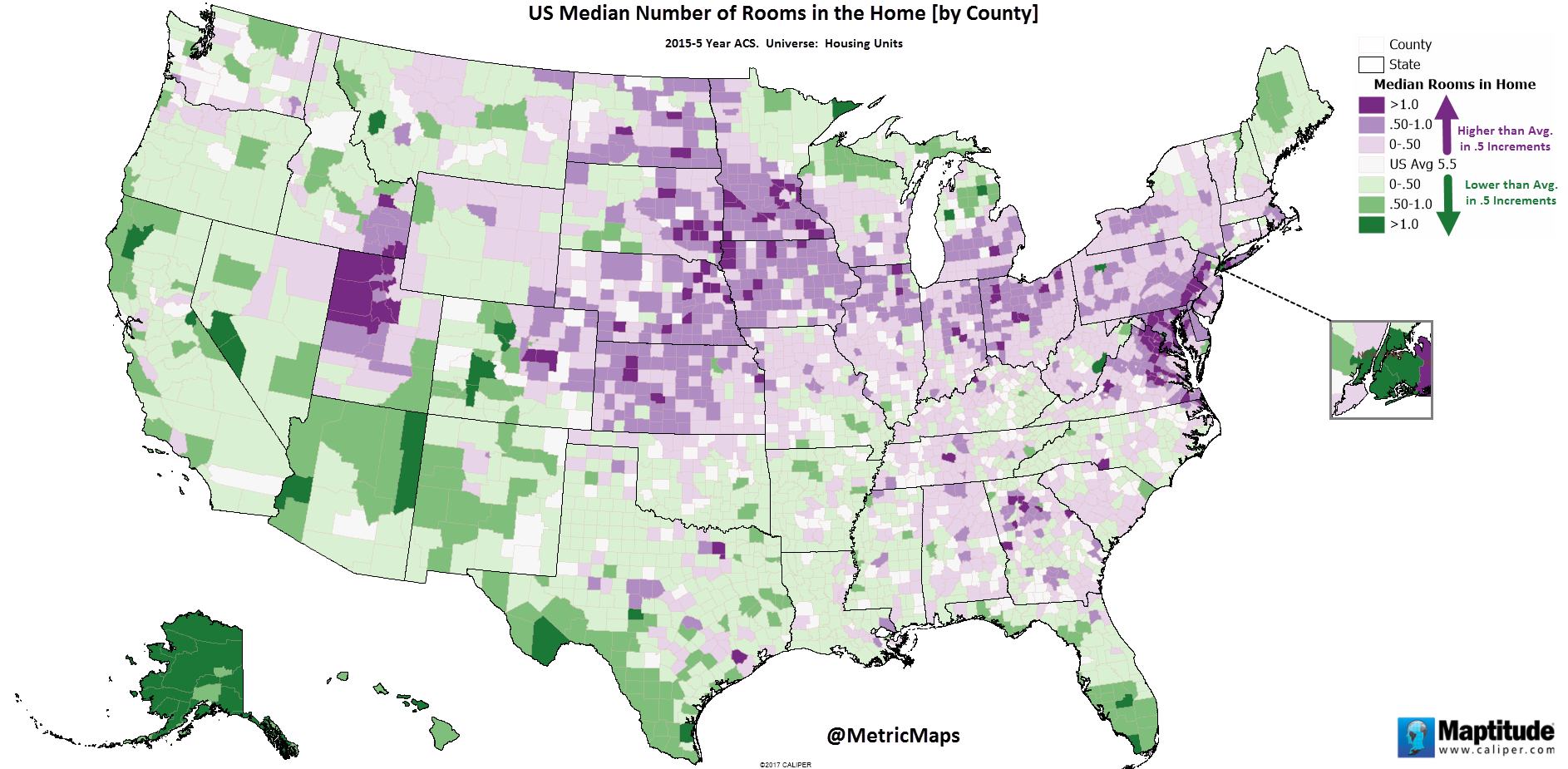 Median number of rooms in the home by U.S. county - Vivid Maps