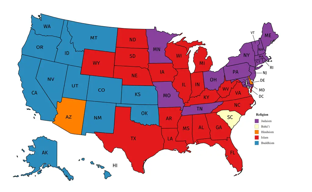 Largest non-Christian religion in each U.S. state