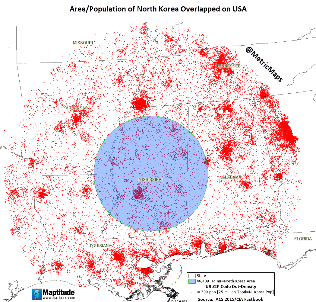 North Korea Population and Land Area Overlapped with United States - Vivid Maps