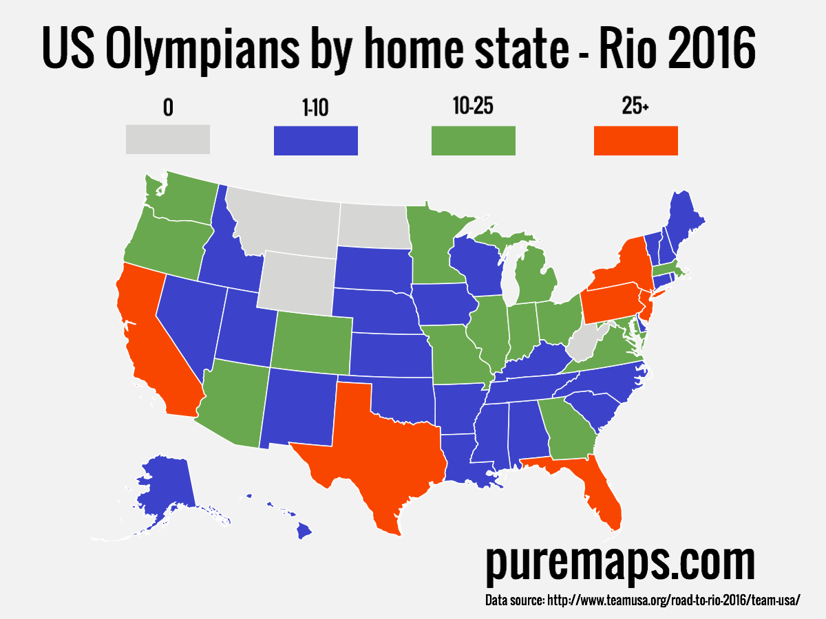 U.S. Olympians by home state (Rio, 2016)