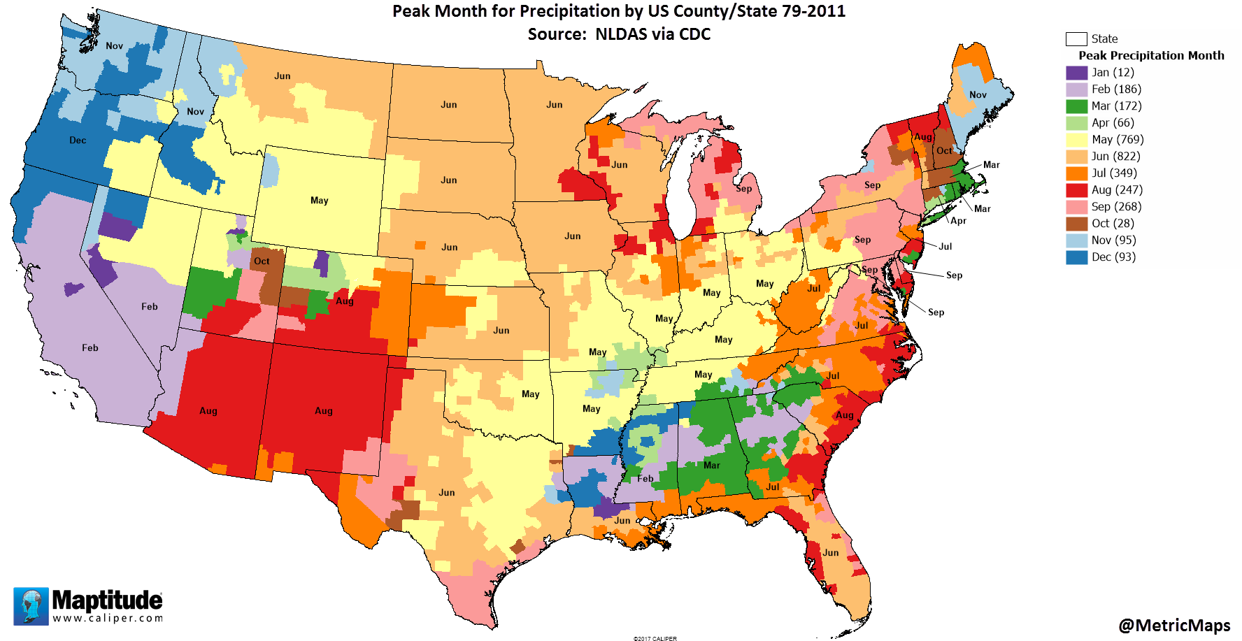 Peak month for precipitation by U.S. county