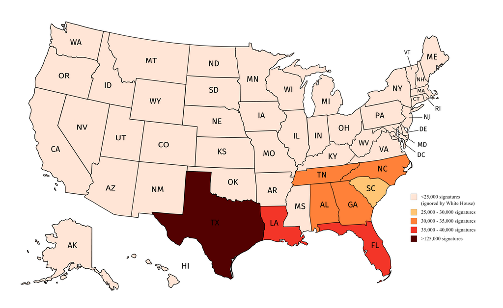 The number of signatures on each U.S. state
