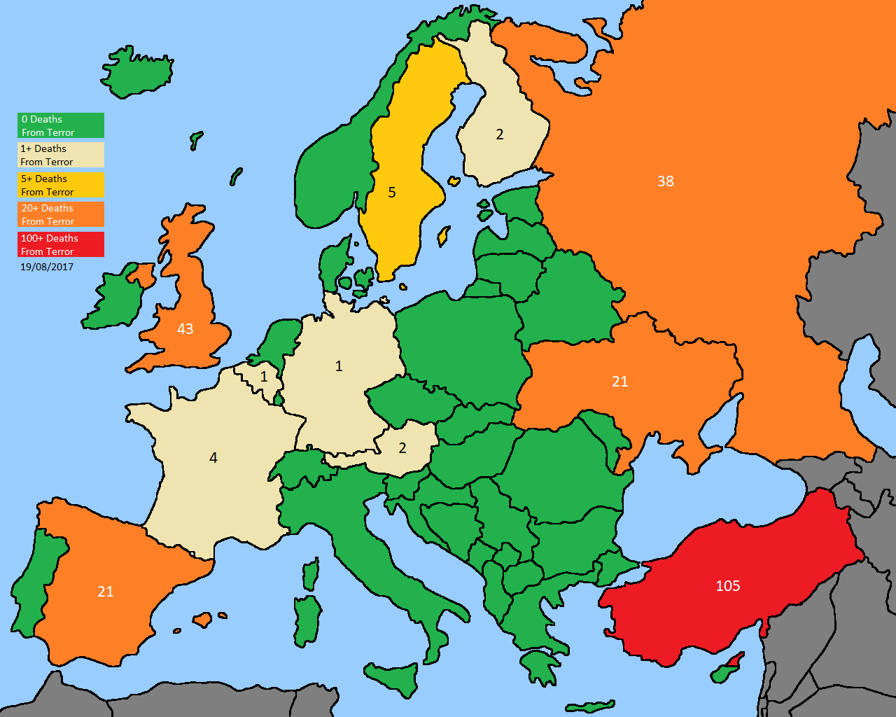 Deaths due to recognized terror attacks in Europe (2017) - Vivid Maps