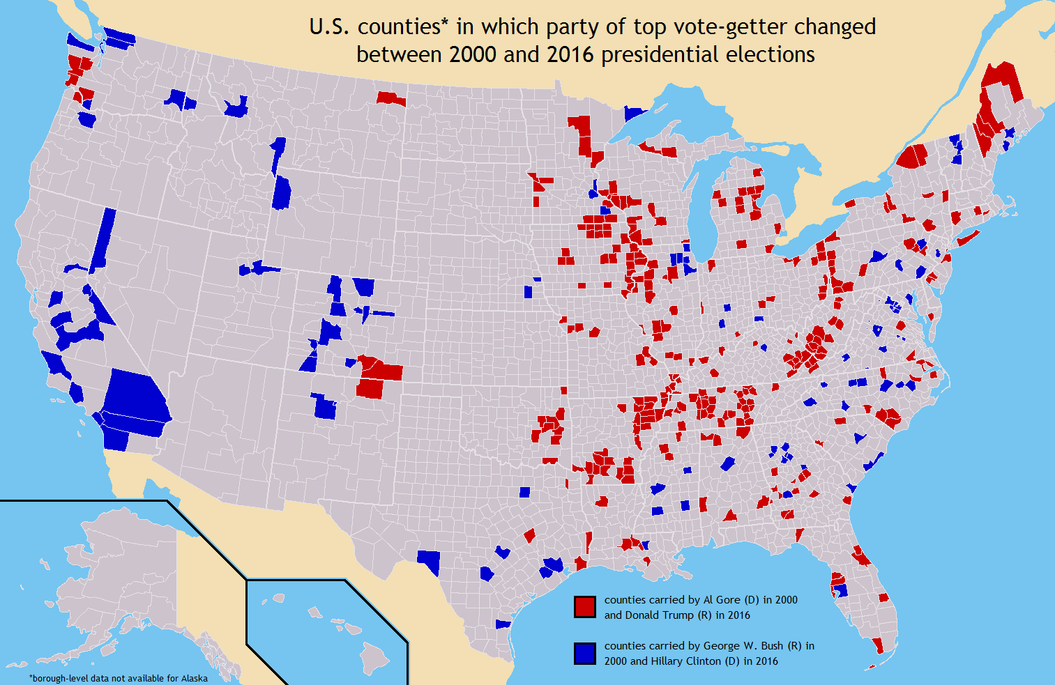 U.S. counties in which party of top vote-getter changed between 2000 & 2016 presidential elections